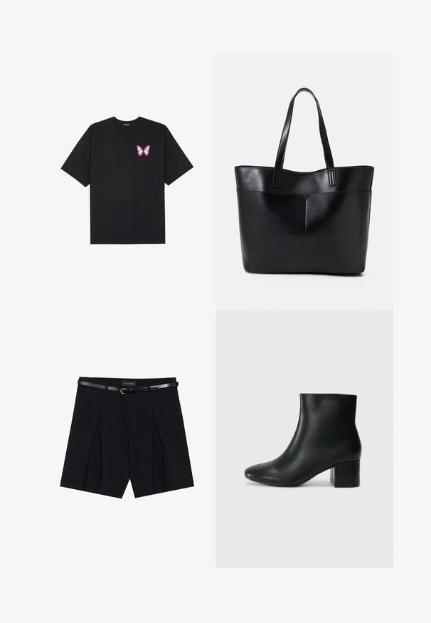 Svart bomulls T-skjorte med korte ermer, med en liten rosa sommerfugl grafikk på venstre bryst. Crew-neck design med en avslappet passform.; Sorte skreddersydde shorts med folder, med et slankt svart belte med gullspenne. Laget av et glatt stoff som gir et polert utseende.; Sorte skinn ankelsko med spiss tå og chunky hæl. Glatt tekstur med minimale detaljer og et elegant, tettsittende design.; Svart lær toteveske med to lange håndtak, en glatt tekstur og en strukturert form. Har en frontlomme for ekstra oppbevaring.