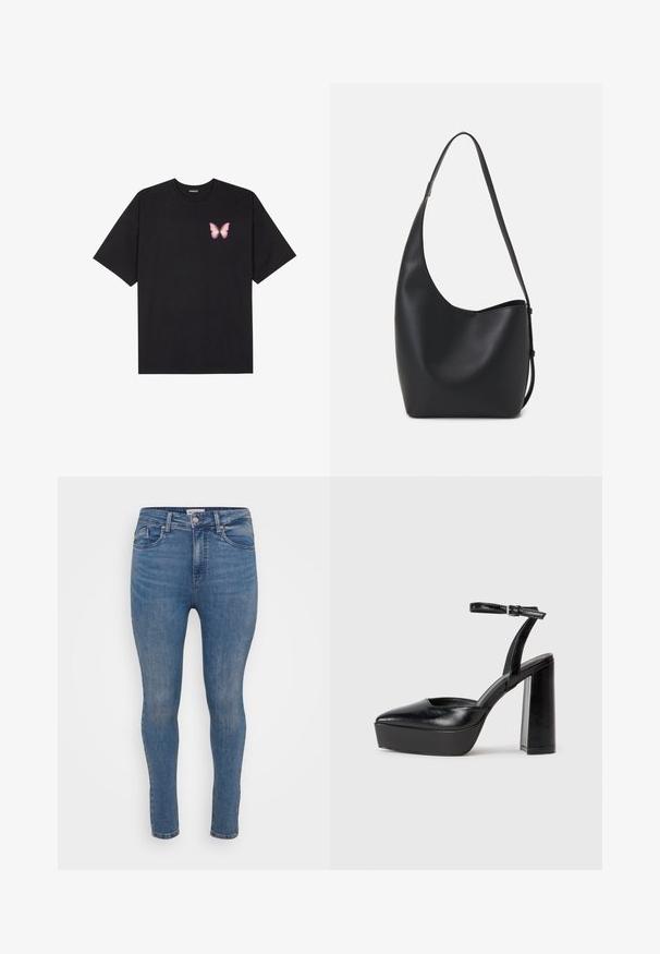 Black cotton t-shirt with short sleeves, featuring a small pink butterfly graphic on the left chest. Crew neck design with a relaxed fit.; Skinny jeans in medium blue denim with a smooth texture, five-pocket design, and a zip closure. Features subtle fading and tonal stitching.; Black platform heels with a pointed toe and adjustable ankle strap. Constructed from smooth leather, featuring a chunky block heel.; Black leather hobo bag with a smooth texture, curved shape, and single adjustable strap; features a wide opening at the top.