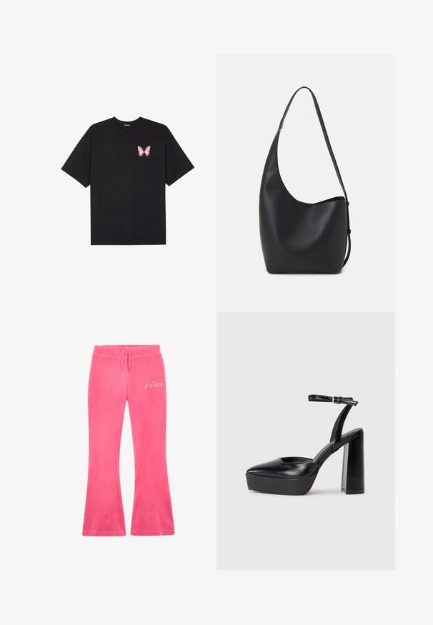 Čierne bavlnené tričko s krátkymi rukávmi, s malým ružovým motýlikom na ľavej hrudi. Design s okrúhlym výstrihom a uvoľneným strihom.; Ružové rozšírené tepláky vyrobené z mäkkého materiálu s elastickým pásom na šnúrku a kamienkovým logom "JUICY" na ľavom boku.; Čierne platformové podpätky so špicatou špičkou a nastaviteľným členkovým remienkom. Vyrobené z hladkej kože a so robustným blokovým podpätkom.; Čierna kožená hobo taška so hladkou textúrou, zakriveným tvarom a jedným nastaviteľným popruhom; má široké otvorenie na vrchu.