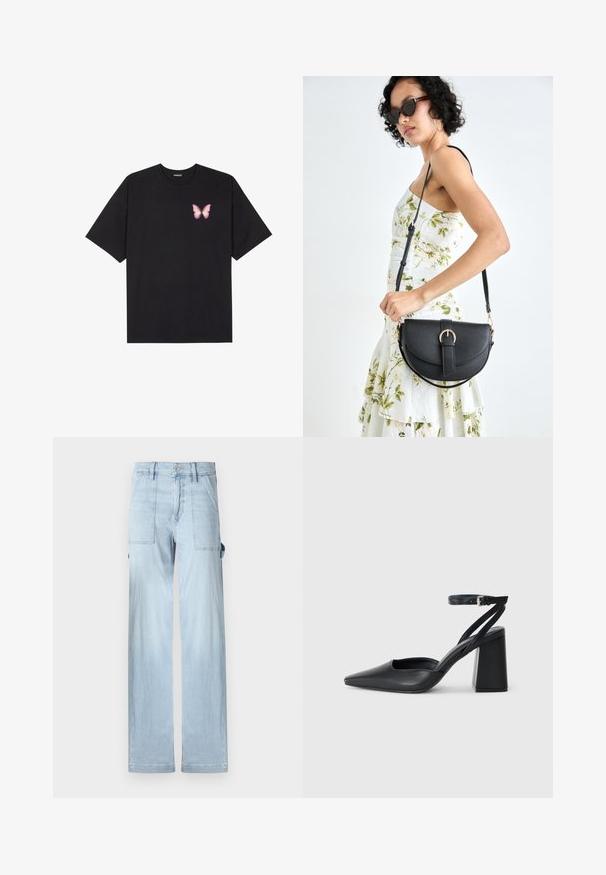 Crna pamučna majica s kratkim rukavima, s malim grafičkim prikazom ružičaste vjetricaste s desne strane na prsima. Dizajn s okruglim izrezom i opuštenim krojem.; Svijetloplave traper cargo hlače ravnog kroja, s prednjim i bočnim džepovima. Tkanina ima blagu izblijedjelu teksturu.; Crne kožne cipele s špicastim vrhom, remenom oko gležnja i debelim potplatom. Ravna tekstura, elegantan dizajn i minimalistička estetika.; Crna kožna torba s lukovitim oblikom, odvojivim remenom i zlatnim detaljima. Torba ima preklop s kopčom.