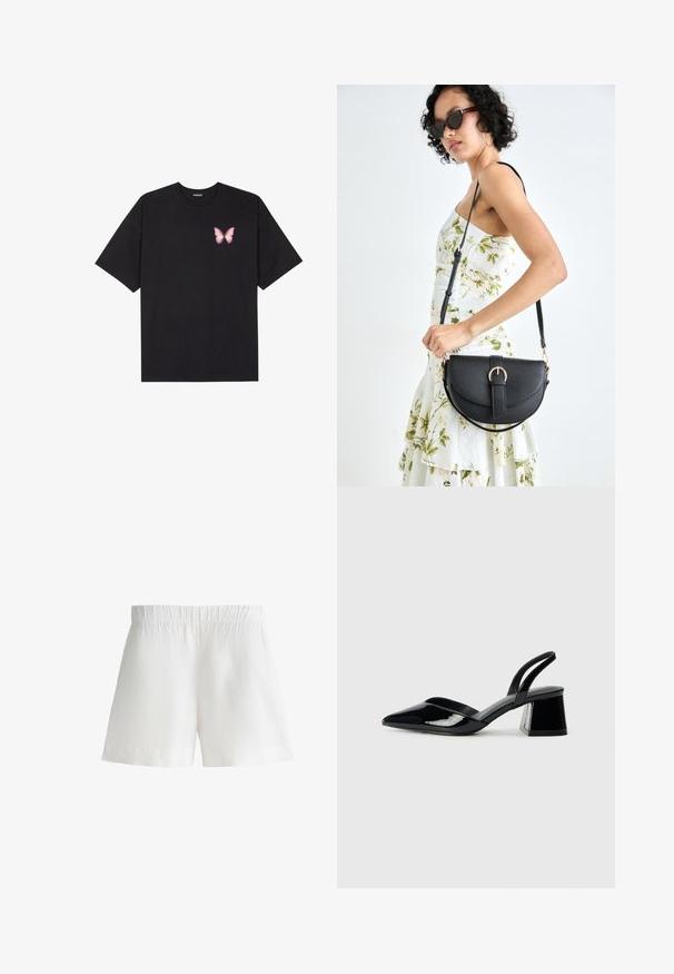 Fekete pamut póló rövid ujjakkal, bal mellkason egy kis rózsaszín pillangó grafikával. Kerek nyakú kialakítás, laza fazonnal.; Fehér, könnyű anyagból készült bermuda nadrág, rugalmas derékkal és laza szabással. Sima felület, kiegészítő minták vagy díszítések nélkül.; Fekete lakk bőr szandálkés magas sarkú cipő, hegyes orral és geometrikus tömbsarkakkal. Karcsú, minimalista dizájn és sima textúra jellemzi.; Fekete bőrtáska ívelt formával, levehető pánttal és arany színű fémrészekkel. A táskán egy csattal díszített fedél található.