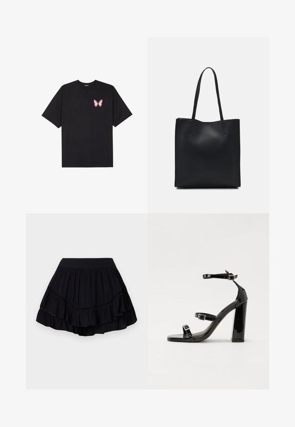Sort bomulds T-shirt med korte ærmer, prydet med en lille pink sommerfugl grafik på venstre bryst. Rund hals design med en afslappet pasform.; Sort, lagdelt, rynket nederdel med elastisk talje og fine blondekanter, lavet af letvægtsstof, med en svajet silhuet.; Sorte patenterede hælsandaler med firkantet tå, ankelremme og sølvspænder. Har en chunky blokHæl for stabilitet.; Sort læder tote taske med glat tekstur, rektangulær form og to lange hanke. Ingen synlig hardware eller udsmykninger.