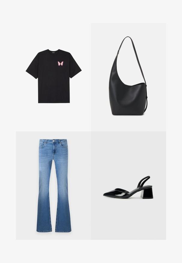 Černé bavlněné tričko s krátkým rukávem, na levém prsou s malou grafikou růžové motýlky. Design s kruhovým výstřihem a volným střihem.; Světle modré zvonové džíny se zeslabeným povrchem, s předním zapínáním na knoflík a zip, pěti kapsami a viditelnými švy.; Černé lakované kožené lodičky na pásku s špičatou špičkou a geometrickým blokovým podpatkem. Vyznačují se elegantním, minimalistickým designem a hladkým povrchem.; Černá kožená hobo taška s hladkým povrchem, zakřiveným tvarem a jedním nastavitelným popruhem; má široké otevírání nahoře.