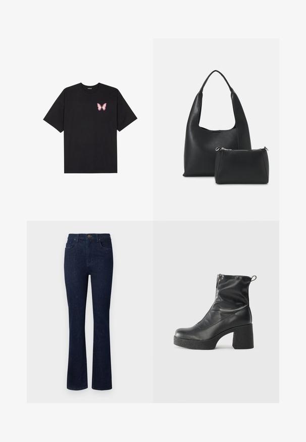 T-shirt de algodão preto com mangas curtas, apresentando um pequeno gráfico de borboleta rosa no lado esquerdo do peito. Design de gola redonda com um corte solto.; Calças de ganga de denim azul-escuro com um design de perna larga, cinco bolsos e um fecho de botão na cintura. Textura suave com costuras mínimas.; Botas de tornozelo pretas feitas de couro liso, com fecho lateral, salto grosso texturizado e design de bico arredondado.; Even&Odd Mala de mão - black