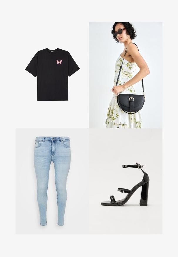 Schwarzes Baumwoll-T-Shirt mit kurzen Ärmeln, das ein kleines pinkes Schmetterlingsmotiv auf der linken Brust zeigt. Crewneck-Design mit einem entspannten Schnitt.; Hellblaue Skinny-Jeans mit klassischem Fünf-Taschen-Design, Knopf- und Reißverschlussverschluss sowie einem verwaschenen Muster auf dem Stoff.; Schwarze patentierte Sandalen mit Absatz, quadratischer Spitze, Knöchelriemen und silbernen Schnallen. Mit einem stabilen Blockabsatz für mehr Stabilität.; Schwarze Lederhandtasche mit geschwungener Form, abnehmbarem Tragegurt und goldenen Beschlägen. Die Tasche verfügt über einen Deckel mit einer Schnallen-Details.