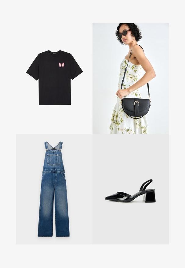 Črna bombažna majica s kratkimi rokavi, ki ima majhen roza metuljček na levi strani prsnega dela. Majica s krožnim ovratnikom in sproščenim krojem.; Denim kombinezon s širokimi nogami, nastavljivimi trakovi, sprednjim žepom in gumbi na straneh. Temno modra z zbledelimi akcenti.; Črne lakirane slingback pete s koničastim nosom in geometrijsko blokasto peto. Imajo eleganten, minimalističen dizajn in gladko teksturo.; Črna usnjena torbica s ukrivljeno obliko, z odstranljivo naramnico in zlatimi dodatki. Torbica ima pokrov s podrobnostmi v obliki zaponke.