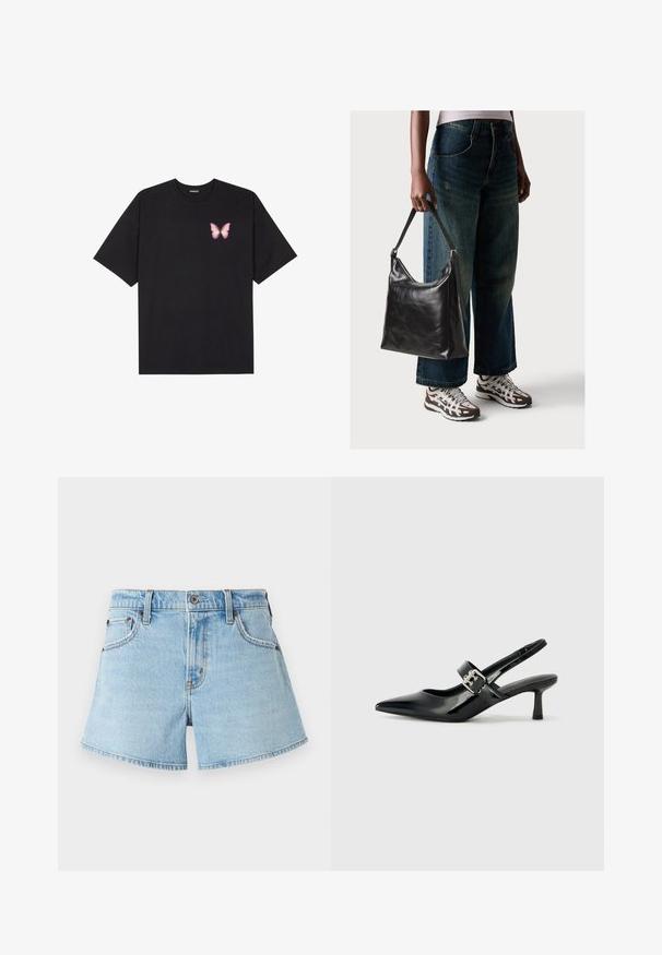 T-shirt de algodão preto com mangas curtas, apresentando um pequeno gráfico de borboleta rosa no lado esquerdo do peito. Design de gola redonda com um corte solto.; Shorts de denim azul claro com um design clássico de cinco bolsos, com costuras decorativas e bainha cortada à bruto. Apresenta um botão de metal e fecho zip.; Saltos slingback em verniz preto com bico pontiagudo e um pequeno salto bloco, apresentando um detalhe de fivela prateada na tira.; Bolsa de ombro em couro preto com textura suave e alça ajustável, combinada com jeans de perna larga desbotados e ténis desportivos.
