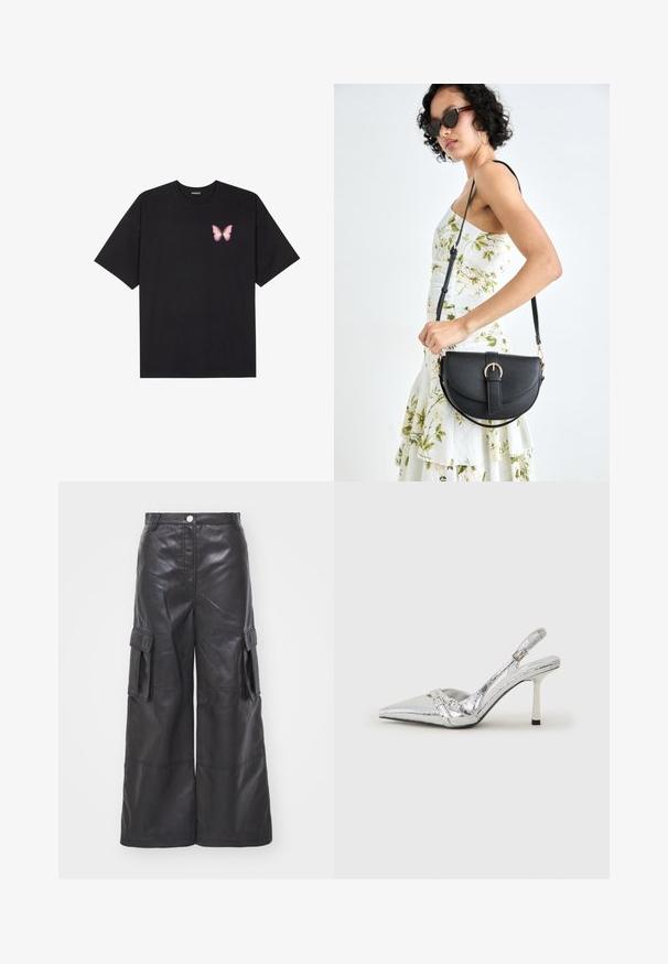 Schwarzes Baumwoll-T-Shirt mit kurzen Ärmeln, das ein kleines pinkes Schmetterlingsmotiv auf der linken Brust zeigt. Crewneck-Design mit einem entspannten Schnitt.; Schwarze Leder-Cargo-Hosen mit weitem Bein, ausgestattet mit zwei seitlichen Taschen und detaillierter Naht. Der Stoff hat eine glatte, glänzende Textur.; Silberner Slingback-High-Heel-Schuh mit spitz zulaufender Zehenpartie, metallic-finish, zwei dekorativen Riemen und einem schlanken Absatz mit schwarzer Spitze.; Schwarze Lederhandtasche mit geschwungener Form, abnehmbarem Tragegurt und goldenen Beschlägen. Die Tasche verfügt über einen Deckel mit einer Schnallen-Details.