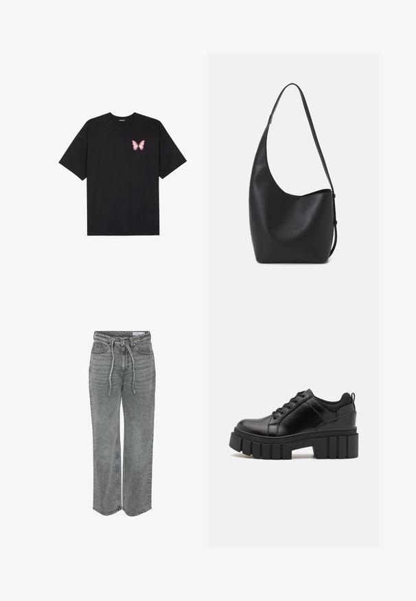 Black cotton t-shirt with short sleeves, featuring a small pink butterfly graphic on the left chest. Crew neck design with a relaxed fit.; Gray denim wide-leg trousers with a drawstring waist, featuring five pockets and subtle fading, designed with a relaxed fit and smooth texture.; Black leather platform shoes with a chunky block heel, round toe, and traditional lace-up design. Features smooth texture and minimal detailing.; Black leather hobo bag with a smooth texture, curved shape, and single adjustable strap; features a wide opening at the top.