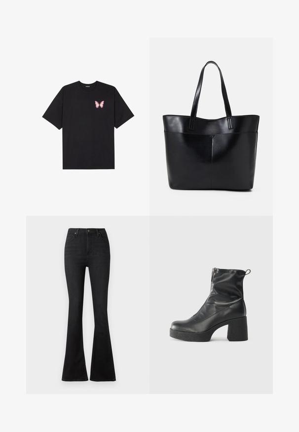 Crna pamučna majica s kratkim rukavima, s malim grafičkim prikazom ružičaste vjetricaste s desne strane na prsima. Dizajn s okruglim izrezom i opuštenim krojem.; Crne široke traperice s visokim strukom, prednjim džepovima i klasičnim dizajnom s pet džepova uz metalne dugmadi.; Crne gležnjače od glatke kože, s bočnim zatvaračem, debelim teksturiranim potplatom i dizajnom s zaobljenim prstima.; Crna kožna torba s dugim ručkama, glatkom teksturom i strukturiranim oblikom. Ima prednju džep za dodatno pohranu.