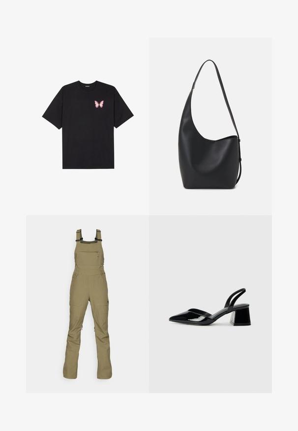 Black cotton t-shirt with short sleeves, featuring a small pink butterfly graphic on the left chest. Crew neck design with a relaxed fit.; Olive green overalls made of durable fabric, featuring adjustable straps, a front zip pocket, and two side pockets. Modern, functional design.; Black patent leather slingback heels with a pointed toe and a geometric block heel. Features a sleek, minimal design and smooth texture.; Black leather hobo bag with a smooth texture, curved shape, and single adjustable strap; features a wide opening at the top.