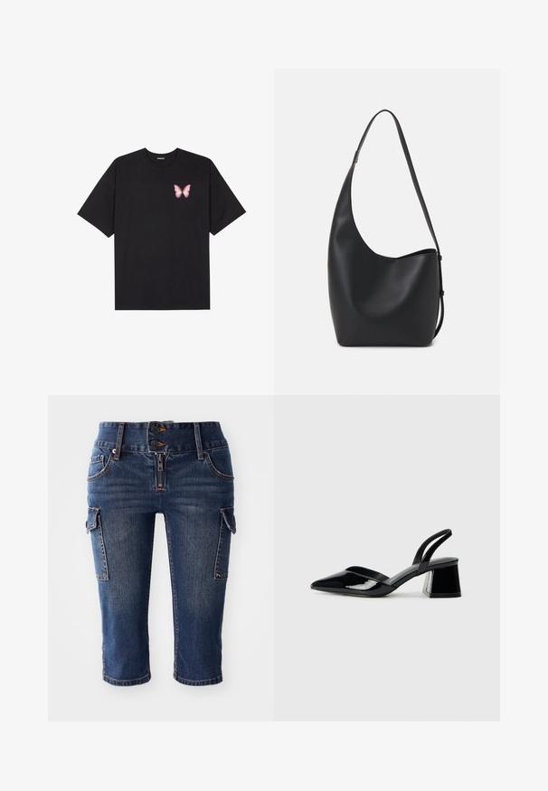 Black cotton t-shirt with short sleeves, featuring a small pink butterfly graphic on the left chest. Crew neck design with a relaxed fit.; Denim capri pants featuring a dark blue wash, two side cargo pockets, and a double-button fly with a zip closure. Classic five-pocket design.; Black patent leather slingback heels with a pointed toe and a geometric block heel. Features a sleek, minimal design and smooth texture.; Black leather hobo bag with a smooth texture, curved shape, and single adjustable strap; features a wide opening at the top.