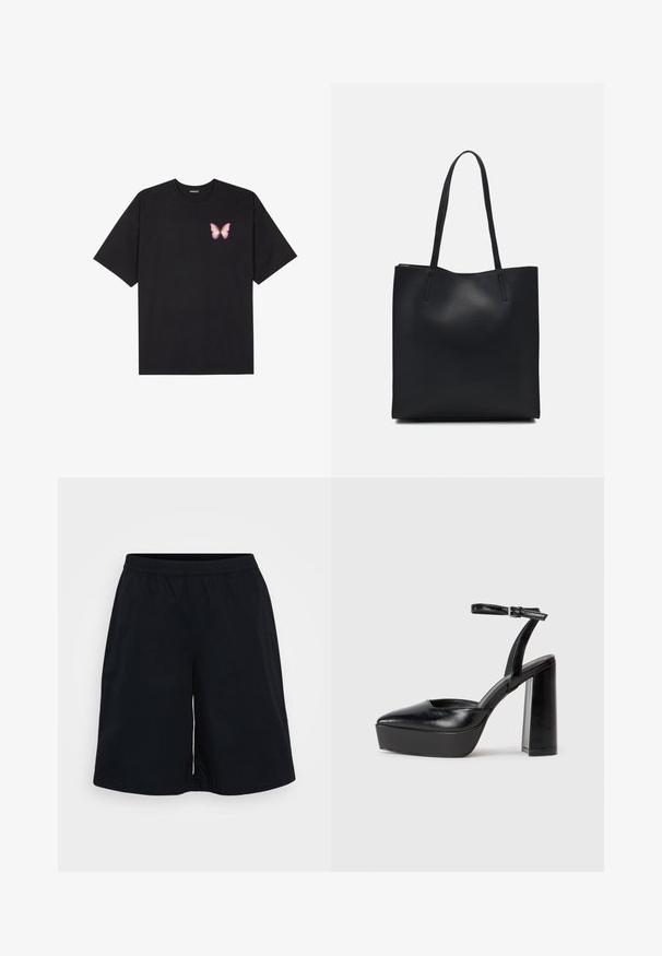 Crna pamučna majica s kratkim rukavima, s malim grafičkim prikazom ružičaste vjetricaste s desne strane na prsima. Dizajn s okruglim izrezom i opuštenim krojem.; Crne atletske kratke hlače s elastičnom trakom u struku, slobodnog kroja i glatke teksture. Dizajn je jednostavan bez uzoraka ili akcenta.; Crne platforme s potpeticom s oštrim vrhom i podešivom naramenicom. Izrađene od glatke kože, s masivnom blok petom.; Crna kožna torba za nošenje s glatkom teksturom, pravokutnim oblikom i dvije duge ručke. Nema vidljivih metalnih dijelova ili ukrasa.