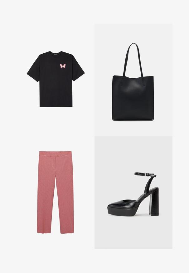 Black cotton t-shirt with short sleeves, featuring a small pink butterfly graphic on the left chest. Crew neck design with a relaxed fit.; Red and white checkered trousers with a wide-leg design, a smooth texture, and a mid-rise waistband. Suitable for casual wear.; Black platform heels with a pointed toe and adjustable ankle strap. Constructed from smooth leather, featuring a chunky block heel.; Black leather tote bag with smooth texture, rectangular shape, and two long handles. No visible hardware or embellishments.