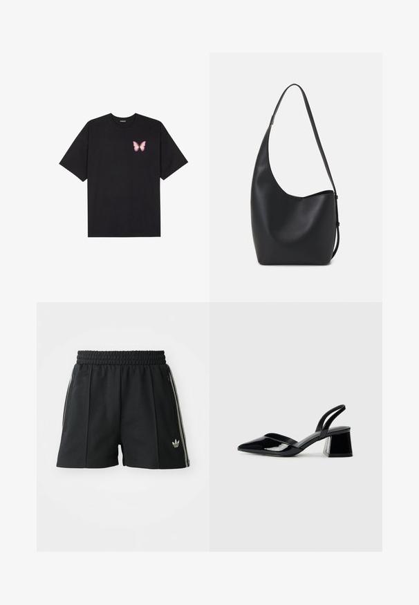 Melna kokvilnas T-krekls ar īsām piedurknēm, kuram priekšā kreisajā pusē ir neliels rozā tauriņa grafiskais attēls. Ar apaļu kaklu un brīvā stila piegriezumu.; Melni sporta šorti ar teksturētu audumu, elastīgu jostasvietu, kabatām ar rāvējslēdzējiem un trim baltām svītrām gar malām, kas attēlo logotipu.; Melna lakota āda ar atvērto papēdi, ar smailu purngalu un ģeometrisku blokpapēdi. Iezīmējas elegants, minimāls dizains un gluda tekstūra.; Melnas ādas hobo soma ar gludu tekstūru, izliekta forma un vienu regulējamu jostu; augšā ir plaša atvere.
