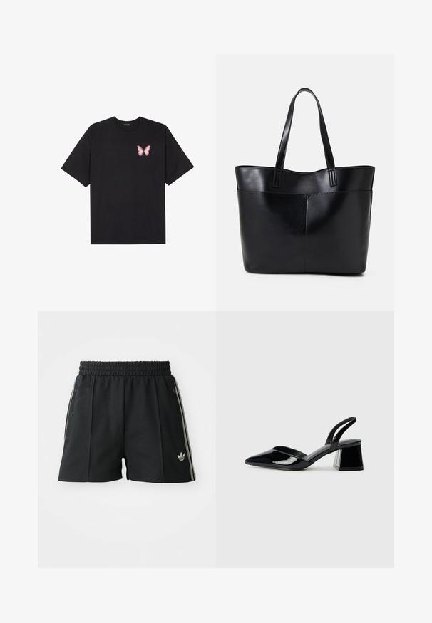 Juodas medvilnės marškinėliai trumpomis rankovėmis, su maža rožine drugelio grafika kairėje krūtinės pusėje. Apvalus kaklo iškirpimas, laisvas kirpimas.; Juodi sportiniai šortai su tekstūruotu audiniu, elastinga juosta, užtrauktukais užsegamomis kišenėmis ir trimis baltais dryžiais šonuose, ant kurių yra logotipas.; Juodos lakuotos odinės šlepetės su smailiu pirštu ir geometriniu bloko kulnu. Turi elegantišką, minimalistinį dizainą ir lygų paviršių.; Juoda odinė rankinė su dviem ilgais diržais, lygiu paviršiumi ir struktūrizuota forma. Yra priekinė kišenė papildomam saugojimui.