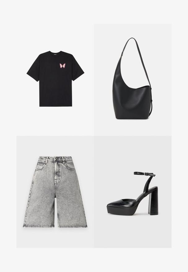 Juodas medvilnės marškinėliai trumpomis rankovėmis, su maža rožine drugelio grafika kairėje krūtinės pusėje. Apvalus kaklo iškirpimas, laisvas kirpimas.; Džinsiniai šortai juodos ir pilkos rūgštinio plovimo raštu, turintys aukštą juosmenį, diržo kilpas ir penkis kišenes. Kraštai apdoroti.; Juodi platforminiai aukšti kulniukai su smailiu kojų pirštu ir reguliuojamu kulkšnies dirželiu. Pagaminti iš lygaus odos, turi masyvų blokinį kulną.; Juodas odinis hobo maišas su lygiu paviršiumi, kreipta forma ir viena reguliuojama rankena; turi platų atidarymą viršuje.