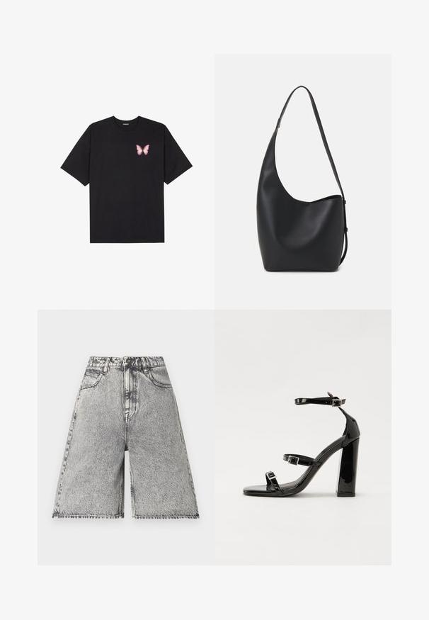 T-shirt nera in cotone con maniche corte, caratterizzata da una piccola grafica di una farfalla rosa sul lato sinistro del petto. Design a girocollo con una vestibilità rilassata.; Shorts in denim con una fantasia a lavaggio acido nero e grigio, caratterizzati da vita alta, passanti per cintura e cinque tasche. I bordi sono rifiniti.; Sandali con tacco in vernice nera, con punta squadrata, cinturini alla caviglia e fibbie in argento. Presentano un tacco a blocco spesso per maggiore stabilità.; Borsa hobo nera in pelle con una superficie liscia, forma curvata e una singola tracolla regolabile; presenta un'ampia apertura nella parte superiore.