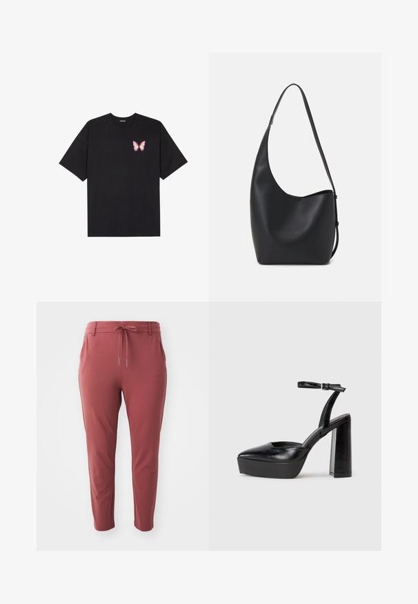 Black cotton t-shirt with short sleeves, featuring a small pink butterfly graphic on the left chest. Crew neck design with a relaxed fit.; Red stretchy pants with a drawstring waist, tapered legs, and side pockets, featuring a smooth texture and a casual design.; Black platform heels with a pointed toe and adjustable ankle strap. Constructed from smooth leather, featuring a chunky block heel.; Black leather hobo bag with a smooth texture, curved shape, and single adjustable strap; features a wide opening at the top.