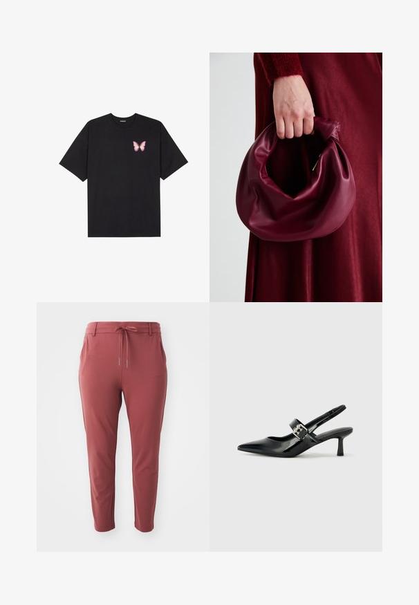 T-shirt de algodão preto com mangas curtas, apresentando um pequeno gráfico de borboleta rosa no lado esquerdo do peito. Design de gola redonda com um corte solto.; Calças elásticas vermelhas com cintura ajustável, pernas afuniladas e bolsos laterais, apresentando uma textura suave e um design casual.; Saltos slingback em verniz preto com bico pontiagudo e um pequeno salto bloco, apresentando um detalhe de fivela prateada na tira.; Bolsa de couro bordô com um design suave e franzido, e uma forma arredondada. A alça é fixa, apresentando uma textura suave.