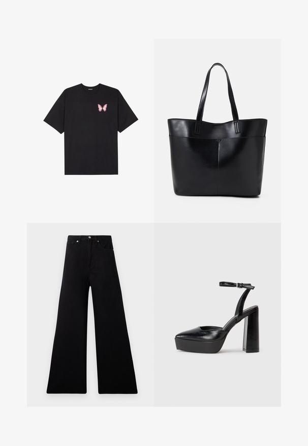Fekete pamut póló rövid ujjakkal, bal mellkason egy kis rózsaszín pillangó grafikával. Kerek nyakú kialakítás, laza fazonnal.; Széles szárú fekete farmernadrág magas derékkal, öt zsebbel, elöl gombos rögzítéssel és puha, sima tapintású anyagból.; Fekete platform magassarkú cipők hegyes orral és állítható bokapánttal. Sima bőrből készült, vastag talppal.; Fekete bőr bevásárlótáska két hosszú fogantyúval, sima felülettel és strukturált formával. Elülső zseb található rajta a plusz tárolás érdekében.