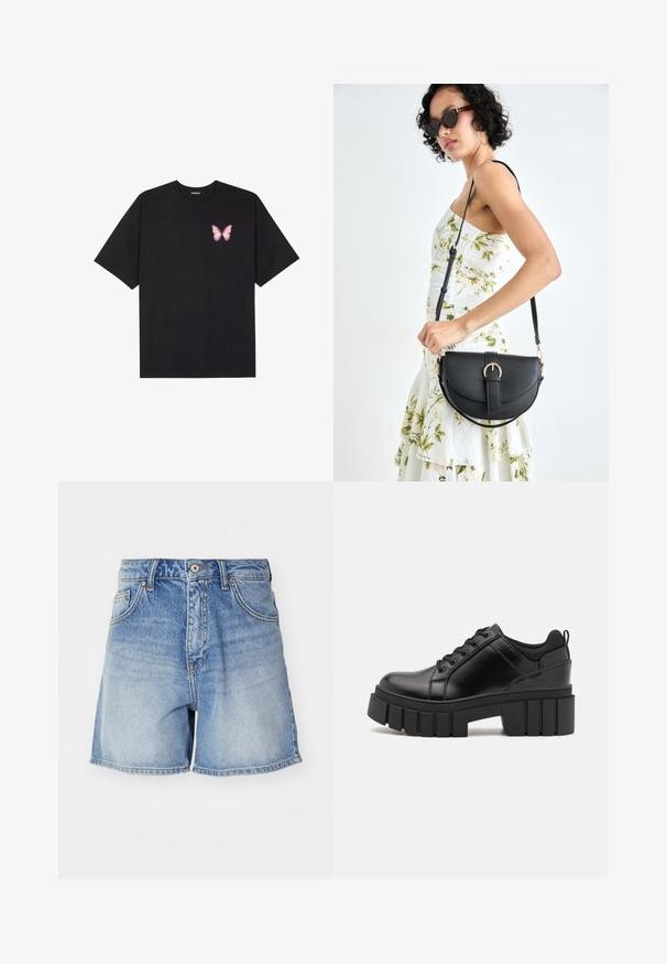 T-shirt de algodão preto com mangas curtas, apresentando um pequeno gráfico de borboleta rosa no lado esquerdo do peito. Design de gola redonda com um corte solto.; Calções de ganga azul-claro com um acabamento desgastado, apresentando uma cintura alta, cinco bolsos e costura visível ao longo da bainha.; Sapatos de plataforma em couro preto com um salto bloco robusto, bico redondo e design clássico de atacadores. Apresentam uma textura suave e detalhes mínimos.; Bolsa de couro preta com forma curva, alça destacável e detalhes em dourado. A bolsa possui uma aba com detalhe de fivela.