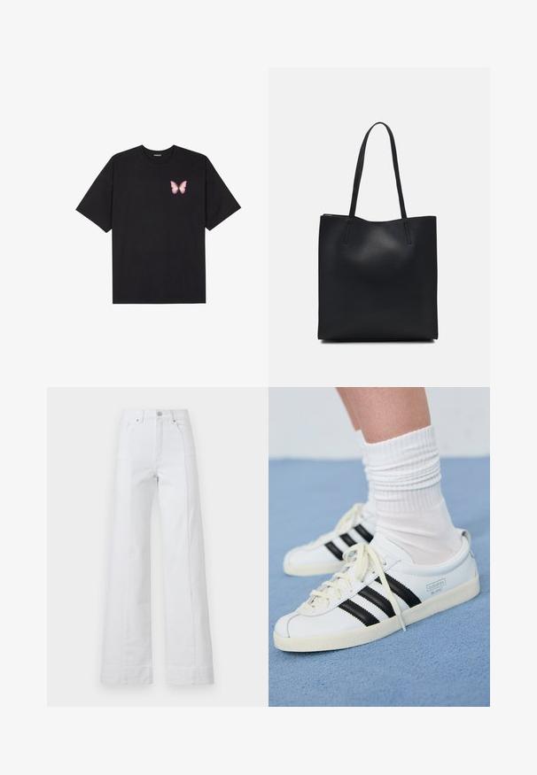 Crna pamučna majica s kratkim rukavima, s malim grafičkim prikazom ružičaste vjetricaste s desne strane na prsima. Dizajn s okruglim izrezom i opuštenim krojem.; Bijele traperice širokog kroja s visokim strukom, s prednjim džepovima, jednim dugmetom za zatvaranje i vidljivim šavovima uz rubove.; Bijele kožne tenisice s crnim prugama, kremasto bijela potplat i svijetle vezice. Nosi se s bijelim rebrastim čarapama, postavljeno na plavoj pozadini.; Crna kožna torba za nošenje s glatkom teksturom, pravokutnim oblikom i dvije duge ručke. Nema vidljivih metalnih dijelova ili ukrasa.