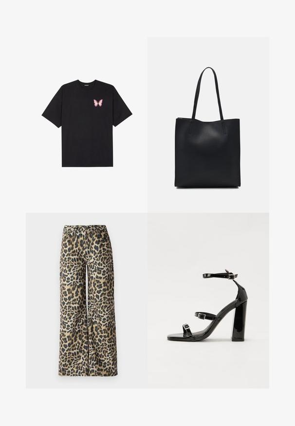 Black cotton t-shirt with short sleeves, featuring a small pink butterfly graphic on the left chest. Crew neck design with a relaxed fit.; Leopard-print wide-legged pants in a soft fabric featuring black and brown spots on a beige background. Five pockets and button closure.; Black patent high-heeled sandals with two buckle straps, square toe, and a chunky block heel, featuring a smooth, glossy texture.; Black leather tote bag with smooth texture, rectangular shape, and two long handles. No visible hardware or embellishments.