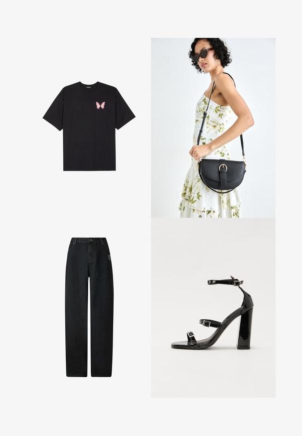 Black cotton t-shirt with short sleeves, featuring a small pink butterfly graphic on the left chest. Crew neck design with a relaxed fit.; Black denim wide-leg jeans with a high waist, featuring five-pocket design and a small embroidered detail on the front.; Black patent heeled sandals with a square toe, ankle straps, and silver buckles. Features a chunky block heel for stability.; Black leather handbag with a curved shape, detachable strap, and gold hardware. The bag features a flap with a buckle detail.