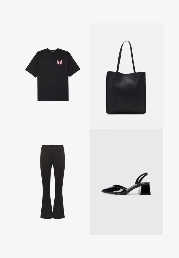 Juodas medvilnės marškinėliai trumpomis rankovėmis, su maža rožine drugelio grafika kairėje krūtinės pusėje. Apvalus kaklo iškirpimas, laisvas kirpimas.; Juoda platėjančių kelnių su prigludusia juosmens dalimi ir lygiu audiniu, pateiktos vertikaliai prieš baltą foną.; Juodos lakuotos odinės šlepetės su smailiu pirštu ir geometriniu bloko kulnu. Turi elegantišką, minimalistinį dizainą ir lygų paviršių.; Juodas odinis tote krepšys su lygia tekstūra, stačiakampio formos ir dviem ilgais rankenomis. Matomų metalinių detalių ar puošybos nėra.