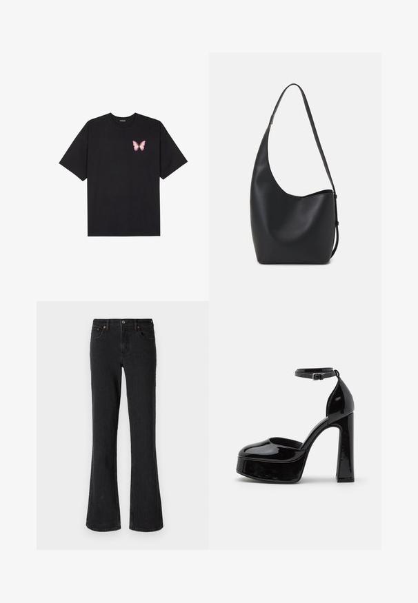 Camiseta de algodón negra de manga corta, con un pequeño gráfico de mariposa rosa en el lado izquierdo del pecho. Diseño de cuello redondo con un corte relajado.; Jeans de mezclilla negra acampanados con cierre de botón frontal, cinco bolsillos y detalles de costura sutiles, fabricados en una tela de peso medio.; Zapatos de tacón de charol negro con plataforma y correa al tobillo, punta redondeada y tacón cuadrado, que muestran una textura lisa y brillante.; Bolso tipo hobo de cuero negro con una textura suave, forma curvada y una sola correa ajustable; presenta una amplia apertura en la parte superior.