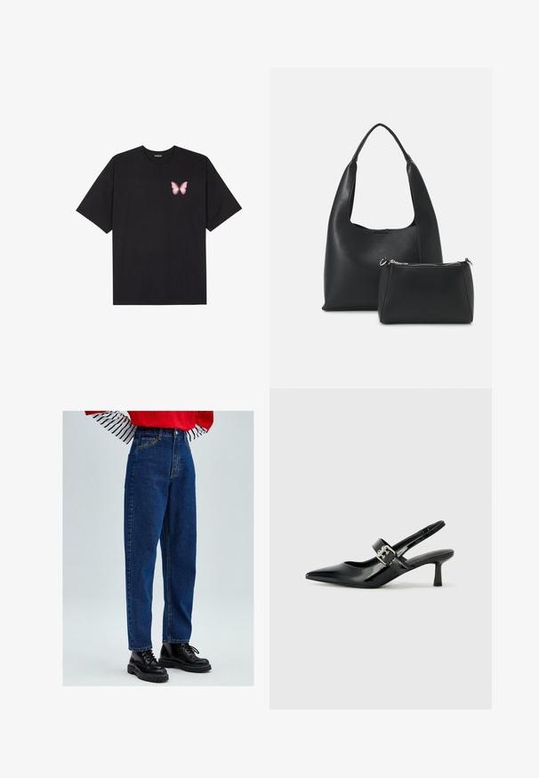 Must muströöpidega must puuvillane T-särk, vasakul rinnal on väike roosa liblikas. Ümar kaelus ja vabalt istuv lõige.; Sinine teksarihmadega kõrge vöökoht ja laia lõikega teksad, millel on klassikaline viie tasku disain ja kollased õmblused. Kombineeritud mustade nööriga saapatega.; Mustad patenteeritud nahast sildiga kontsad, millel on terav nina ja väike plokk-konts, mille rihmal on hõbedane pandla aksessuaar.; Even&Odd Käekott - black