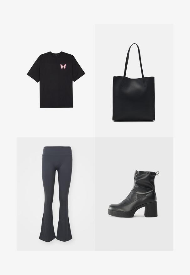 Juodas medvilnės marškinėliai trumpomis rankovėmis, su maža rožine drugelio grafika kairėje krūtinės pusėje. Apvalus kaklo iškirpimas, laisvas kirpimas.; Juodos plačios leginsai su lygia, matinė tekstūra ir aukštu juosmeniu, sukurtos patogumui ir judėjimui.; Juodos kulkšninių botai, pagaminti iš lygaus odos, su šoniniu užtrauktuku, masyviu tekstūruotu kulnu ir apvaliu pirštu.; Juodas odinis tote krepšys su lygia tekstūra, stačiakampio formos ir dviem ilgais rankenomis. Matomų metalinių detalių ar puošybos nėra.