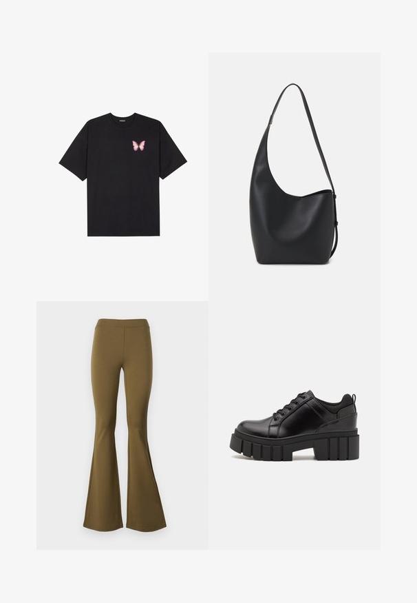 Juodas medvilnės marškinėliai trumpomis rankovėmis, su maža rožine drugelio grafika kairėje krūtinės pusėje. Apvalus kaklo iškirpimas, laisvas kirpimas.; Aukšto liemeni platūs kelnės alyvuogių žalia spalva. Pagamintos iš tamprios medžiagos, pasižyminčios lygiu paviršiumi ir plačiu žiedlapio formos apačia nuo kelio žemyn.; Juodi odiniai platformos batai su masyviu blokuota kulniuku, apvalia nosimi ir tradiciniu šnypštimo dizainu. Turintys glotnų paviršių ir minimalų dekoravimą.; Juodas odinis hobo maišas su lygiu paviršiumi, kreipta forma ir viena reguliuojama rankena; turi platų atidarymą viršuje.