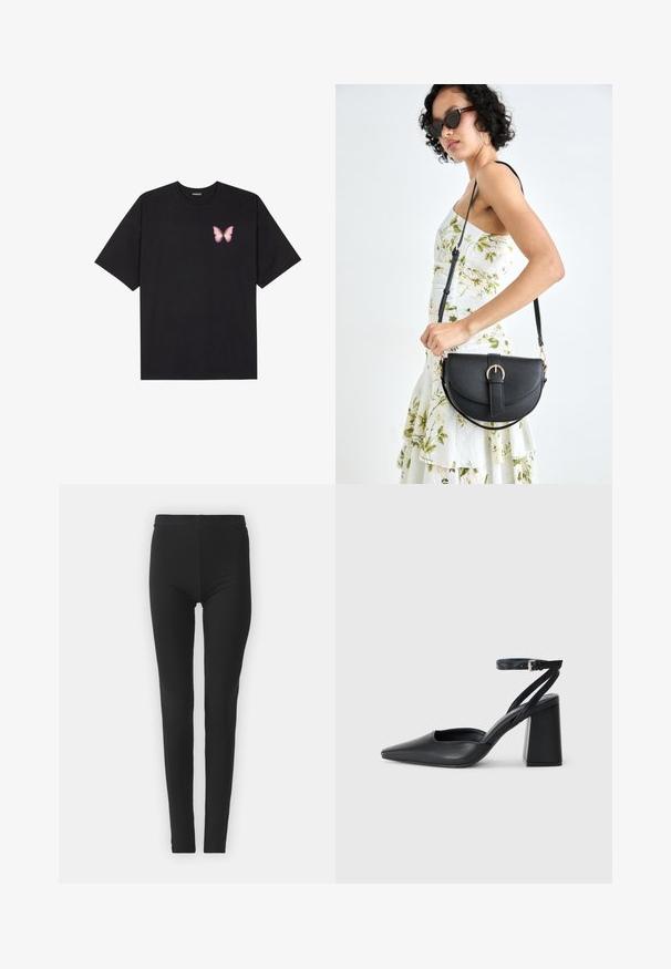 Must muströöpidega must puuvillane T-särk, vasakul rinnal on väike roosa liblikas. Ümar kaelus ja vabalt istuv lõige.; Mustad, venivad retuusid, mis on tihedalt sobivad, kõrge vöökohaga ja sileda tekstuuriga. Ilma nähtavate mustrite või riistade detailideta.; Mustmustest must-käigukingad, millel on konksuga nöör ja paks konts. Ühtlane tekstuur, stiilne disain ja minimalistlik esteetika.; Mustmust mustraha kõverate joontega, eemaldatava rihmaga ja kuldsete detailidega. Kotil on klapp, millel on pandladetail.