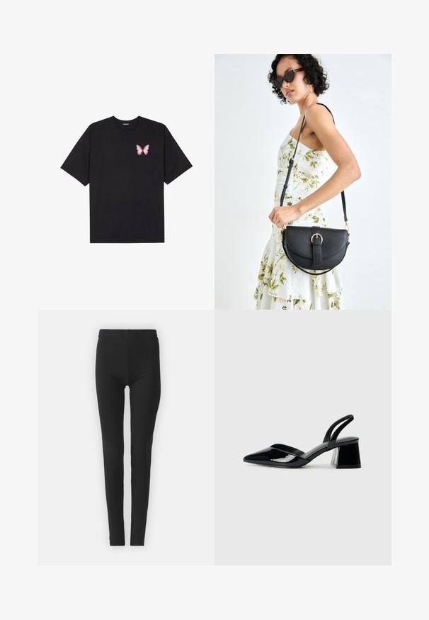 Black cotton t-shirt with short sleeves, featuring a small pink butterfly graphic on the left chest. Crew neck design with a relaxed fit.; Black, stretchy leggings with a snug fit, featuring a high waistband and smooth texture. No visible patterns or hardware details.; Black patent leather slingback heels with a pointed toe and a geometric block heel. Features a sleek, minimal design and smooth texture.; Black leather handbag with a curved shape, detachable strap, and gold hardware. The bag features a flap with a buckle detail.