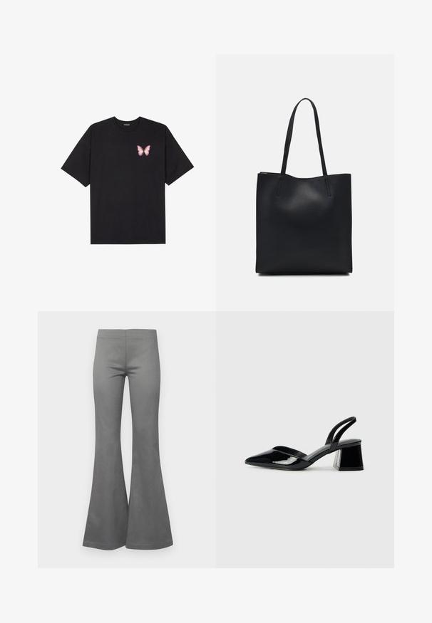 Black cotton t-shirt with short sleeves, featuring a small pink butterfly graphic on the left chest. Crew neck design with a relaxed fit.; Gray flared trousers featuring a smooth fabric texture and a fitted design, extending wide from the knee to the hem.; Black patent leather slingback heels with a pointed toe and a geometric block heel. Features a sleek, minimal design and smooth texture.; Black leather tote bag with smooth texture, rectangular shape, and two long handles. No visible hardware or embellishments.