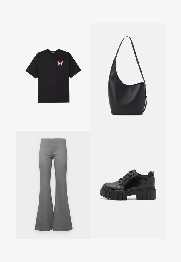 Black cotton t-shirt with short sleeves, featuring a small pink butterfly graphic on the left chest. Crew neck design with a relaxed fit.; Gray flared trousers featuring a smooth fabric texture and a fitted design, extending wide from the knee to the hem.; Black leather platform shoes with a chunky block heel, round toe, and traditional lace-up design. Features smooth texture and minimal detailing.; Black leather hobo bag with a smooth texture, curved shape, and single adjustable strap; features a wide opening at the top.