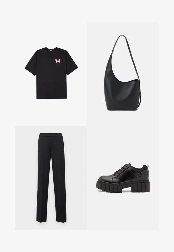 T-shirt en coton noir à manches courtes, avec un petit graphique de papillon rose sur la poitrine gauche. Modèle à col rond avec une coupe décontractée.; ONLY ONLPEACH LIFE PULL UP PANT - Pantalon classique - black; Chaussures à plateforme en cuir noir avec un talon bloc épais, bout rond et un design traditionnel à lacets. Elles présentent une texture lisse et un détail minimal.; Sac hobo en cuir noir avec une texture lisse, une forme incurvée et une seule sangle réglable ; dispose d'une large ouverture en haut.