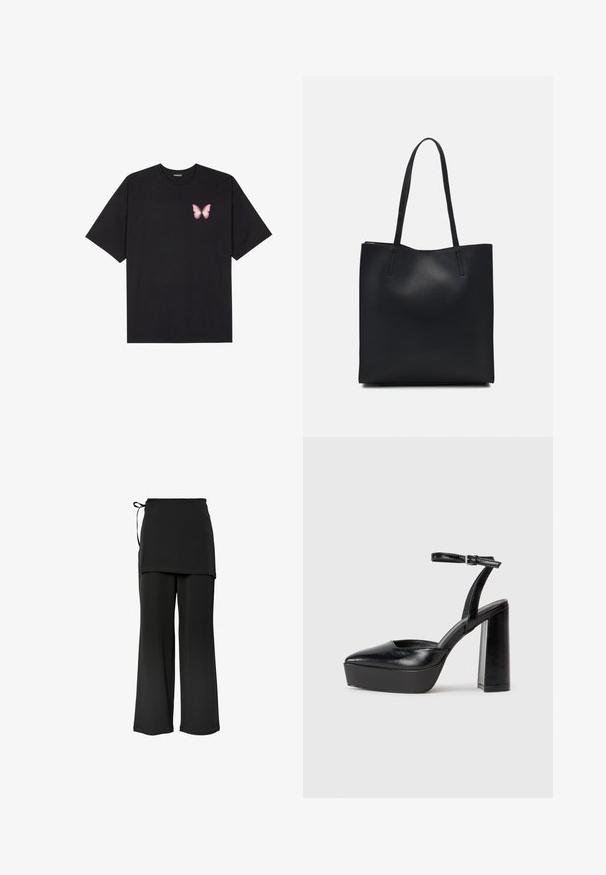 Črna bombažna majica s kratkimi rokavi, ki ima majhen roza metuljček na levi strani prsnega dela. Majica s krožnim ovratnikom in sproščenim krojem.; Črne široke hlače z večplastnim dizajnom in stranskim vezanjem. Narejene so iz mehkega, gladkega materiala, s preprostim in čistim krojem.; Črne platforme z visokimi petami in koničastim nosom ter nastavljivim gležnjenjskim trakom. Narejene iz gladke usnje, s kockasto peto.; Črna usnjena torba s svilnato teksturo, pravokotne oblike in dvema dolgima ročajema. Brez vidnih metalnih delov ali okrasnih elementov.