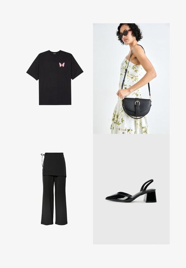 Črna bombažna majica s kratkimi rokavi, ki ima majhen roza metuljček na levi strani prsnega dela. Majica s krožnim ovratnikom in sproščenim krojem.; Črne široke hlače z večplastnim dizajnom in stranskim vezanjem. Narejene so iz mehkega, gladkega materiala, s preprostim in čistim krojem.; Črne lakirane slingback pete s koničastim nosom in geometrijsko blokasto peto. Imajo eleganten, minimalističen dizajn in gladko teksturo.; Črna usnjena torbica s ukrivljeno obliko, z odstranljivo naramnico in zlatimi dodatki. Torbica ima pokrov s podrobnostmi v obliki zaponke.