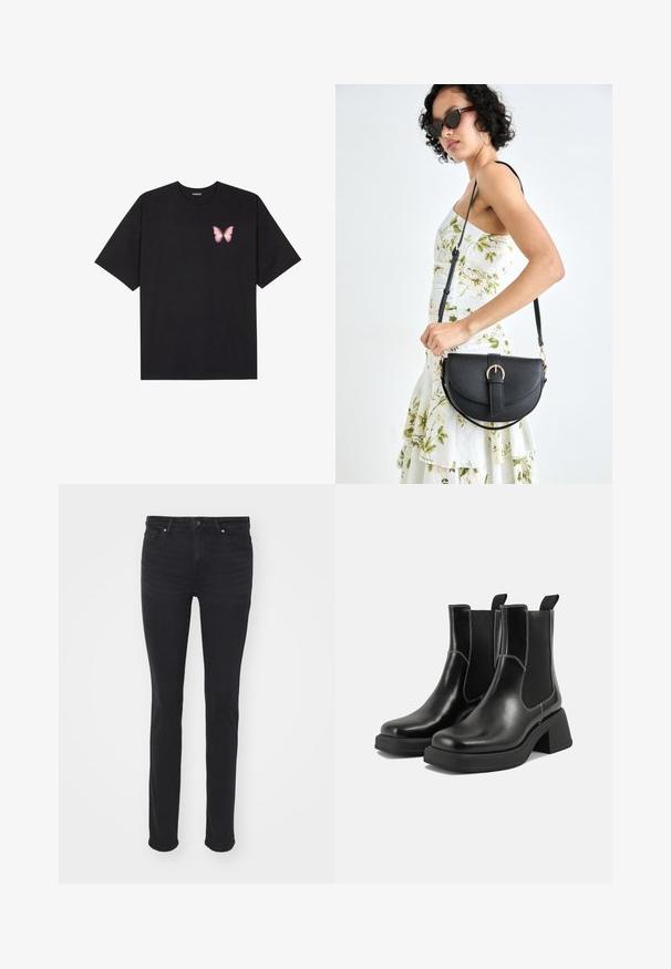 Black cotton t-shirt with short sleeves, featuring a small pink butterfly graphic on the left chest. Crew neck design with a relaxed fit.; Black denim jeans with a slim fit, featuring five pockets, a zip fly, and silver hardware accents. Smooth texture with minimal fading.; Black leather Chelsea boots with a chunky heel, elastic side panels, and contrasting white stitching. Textured finish.; Black leather handbag with a curved shape, detachable strap, and gold hardware. The bag features a flap with a buckle detail.