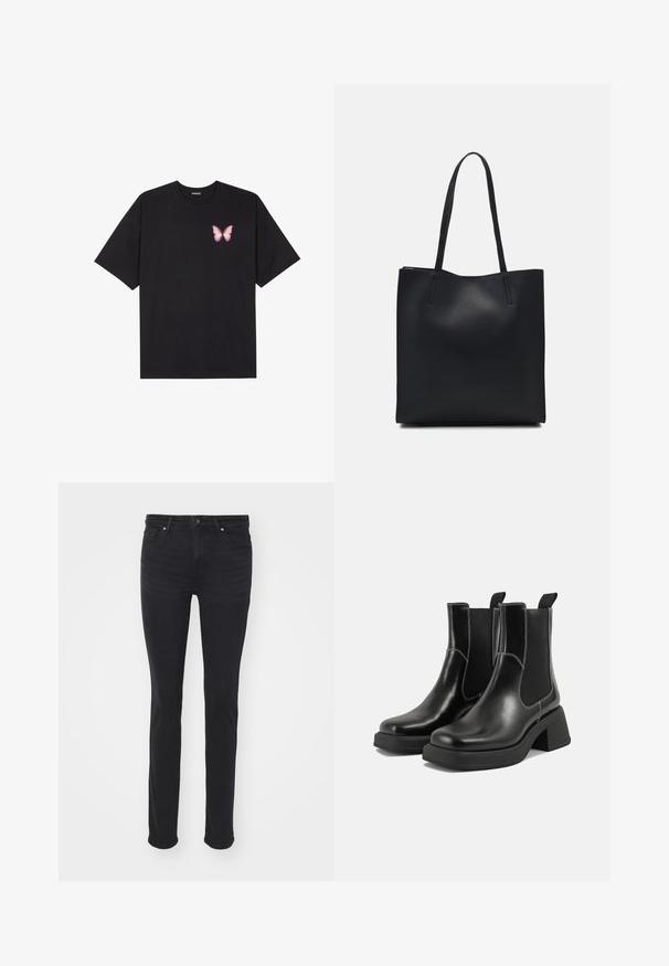 Crna pamučna majica s kratkim rukavima, s malim grafičkim prikazom ružičaste vjetricaste s desne strane na prsima. Dizajn s okruglim izrezom i opuštenim krojem.; Crne traperice od denima slim kroja, s pet džepova, patentnim zatvaračem i srebrnim detaljima. Glatka tekstura s minimalnim izbleđivanjem.; Crne kožne Chelsea čizme s debelim potplatom, elastičnim bočnim panelima i kontrastnim bijelim šavovima. Teksturirana površina.; Crna kožna torba za nošenje s glatkom teksturom, pravokutnim oblikom i dvije duge ručke. Nema vidljivih metalnih dijelova ili ukrasa.