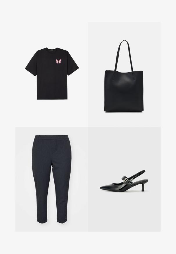 Black cotton t-shirt with short sleeves, featuring a small pink butterfly graphic on the left chest. Crew neck design with a relaxed fit.; Dark grey trousers with a tapered design, featuring a smooth texture, cuffed hems, and side pockets. Classic, tailored appearance.; Black patent leather slingback heels with a pointed toe and a small block heel, featuring a silver buckle accent on the strap.; Black leather tote bag with smooth texture, rectangular shape, and two long handles. No visible hardware or embellishments.