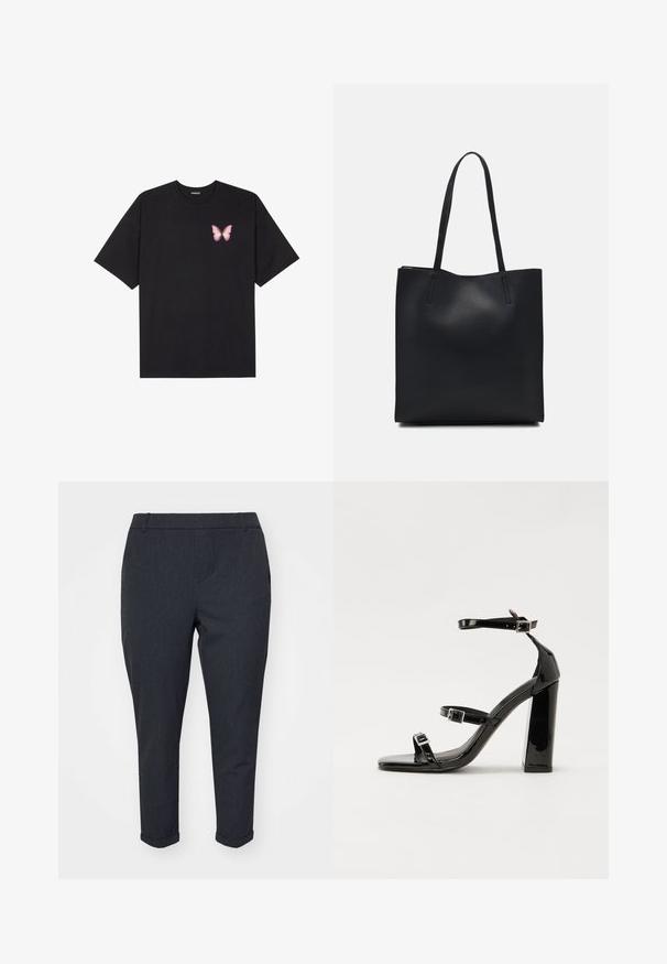 Black cotton t-shirt with short sleeves, featuring a small pink butterfly graphic on the left chest. Crew neck design with a relaxed fit.; Dark grey trousers with a tapered design, featuring a smooth texture, cuffed hems, and side pockets. Classic, tailored appearance.; Black patent heeled sandals with a square toe, ankle straps, and silver buckles. Features a chunky block heel for stability.; Black leather tote bag with smooth texture, rectangular shape, and two long handles. No visible hardware or embellishments.