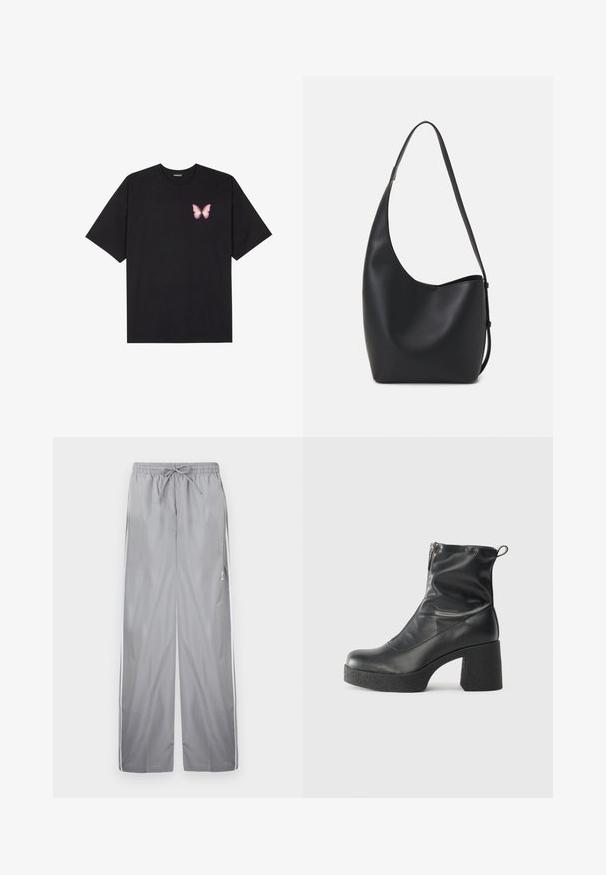 Μαύρο βαμβακερό μπλουζάκι με κοντά μανίκια, διαθέτοντας ένα μικρό ροζ γραφικό πεταλούδας στο αριστερό στήθος. Σχέδιο με στρογγυλή λαιμόκοψη και άνετη εφαρμογή.; Γκρι αθλητικό παντελόνι με ελαστική μέση, κορδόνι και λευκές ρίγες στα πλάγια. Κατασκευασμένο από μαλακό και ελαφρύ ύφασμα.; Μαύρες μποτές μέχρι τον αστράγαλο από λείο δέρμα, με πλευρικό φερμουάρ, χοντρό υφασμάτινο τακούνι και στρογγυλή μύτη.; Μαύρη δερμάτινη tote τσάντα με λείο υφή, καμπύλο σχήμα και μία ρυθμιζόμενη ζώνη. Διαθέτει μεγάλη άνοιγμα στην κορυφή.