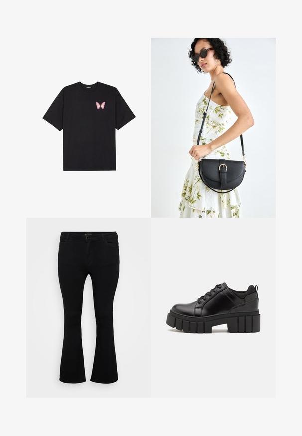 Svart bomulls T-skjorte med korte ermer, med en liten rosa sommerfugl grafikk på venstre bryst. Crew-neck design med en avslappet passform.; Sorte utsvingte jeans laget av denim, med knappelukking, fem lommer og en jevn tekstur. Klassisk design med utsvingt hem.; Svarte lærplattformsko med kraftig blokkhell, rund tå og tradisjonell snøring. Har en jevn tekstur og minimal detaljering.; Svart lærveske med en buet form, avtagbar stropp og gullbeslag. Vesken har et klaff med spenne-detall.