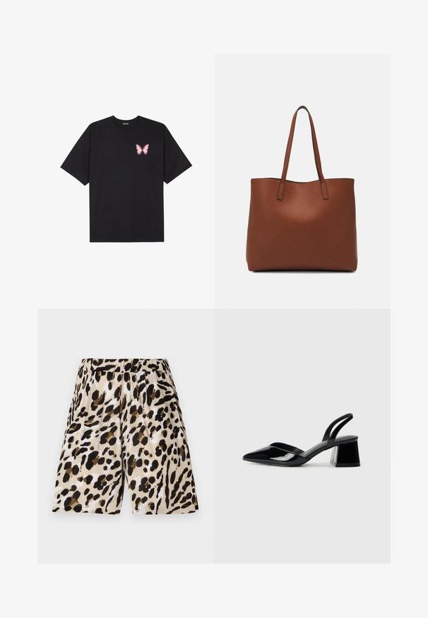 T-shirt de algodão preto com mangas curtas, apresentando um pequeno gráfico de borboleta rosa no lado esquerdo do peito. Design de gola redonda com um corte solto.; Shorts com padrão de leopardo e cintura elástica, feitos de tecido leve. Apresentam cores bege, preto e castanho com um padrão texturizado.; Sandy em verniz preto com salto slingback, ponta afilada e salto geométrico. Apresenta um design elegante e minimalista com textura suave.; Bolsa tote de couro castanho com uma textura suave, design de abertura superior e duas alças para o ombro. Apresenta costura mínima e sem hardware visível.