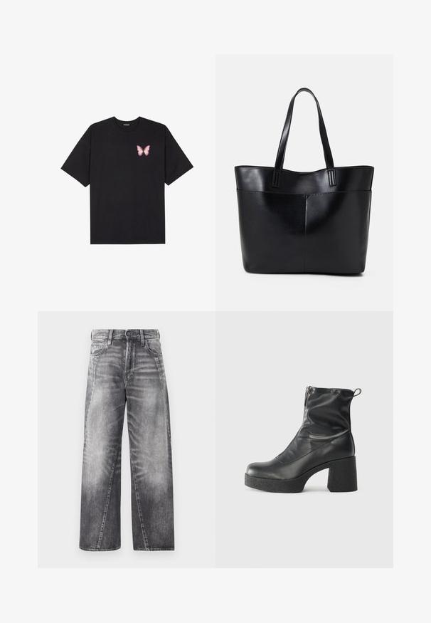 Svart bomullströja med korta ärmar, med en liten rosa fjärilsgrafik på vänster bröst. Rundad halsdesign med en avslappnad passform.; Breda ben-jeans i blekt grå denim. Har en klassisk knapp- och dragkedjestängning, med fem fickor och subtila utslitas detaljer.; Svarta ankelstövlar i slitstark läder, med sidodragkedja, kraftig strukturerad klack och rundad tådesign.; Svart läder tote-väska med två långa handtag, en slät yta och en strukturerad form. Har en framficka för extra förvaring.