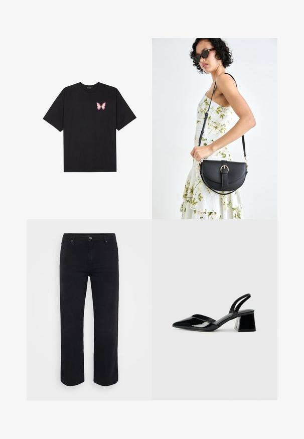 T-shirt de algodão preto com mangas curtas, apresentando um pequeno gráfico de borboleta rosa no lado esquerdo do peito. Design de gola redonda com um corte solto.; Jeans de ganga pretos com um design de perna reta. As características incluem um fecho de cintura com botão, passadores de cinto e bolsos à frente/atrás. Textura suave.; Sandy em verniz preto com salto slingback, ponta afilada e salto geométrico. Apresenta um design elegante e minimalista com textura suave.; Bolsa de couro preta com forma curva, alça destacável e detalhes em dourado. A bolsa possui uma aba com detalhe de fivela.